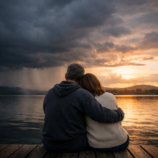 A couple embracing beside water communicating with each other