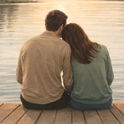 The Romantic Husband. A couple sitting close together by a lake. When marriage feels distant