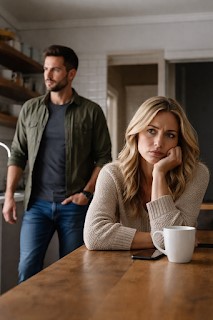A couple in the midst of an argument. He is pacing while she ponders.